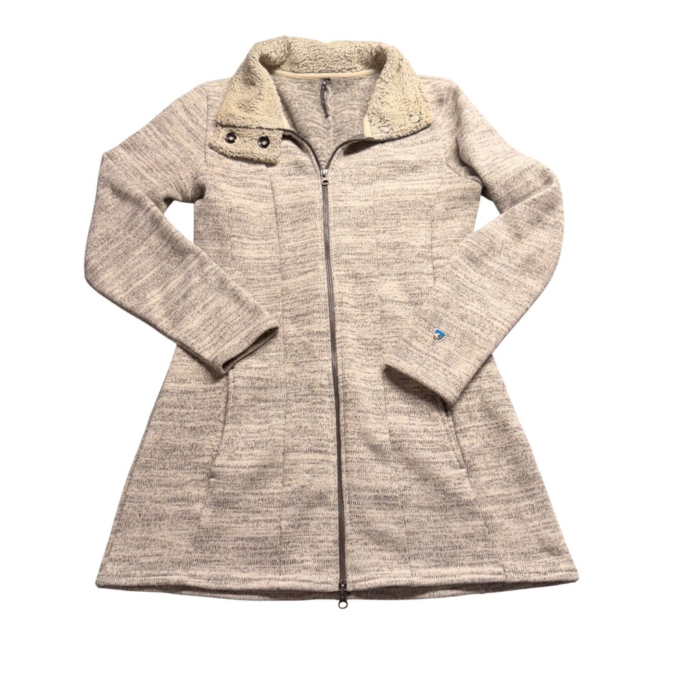Kuhl Alaska Long Full Zip Fleece Jacket Oatmeal Heather Grey Cream Medium